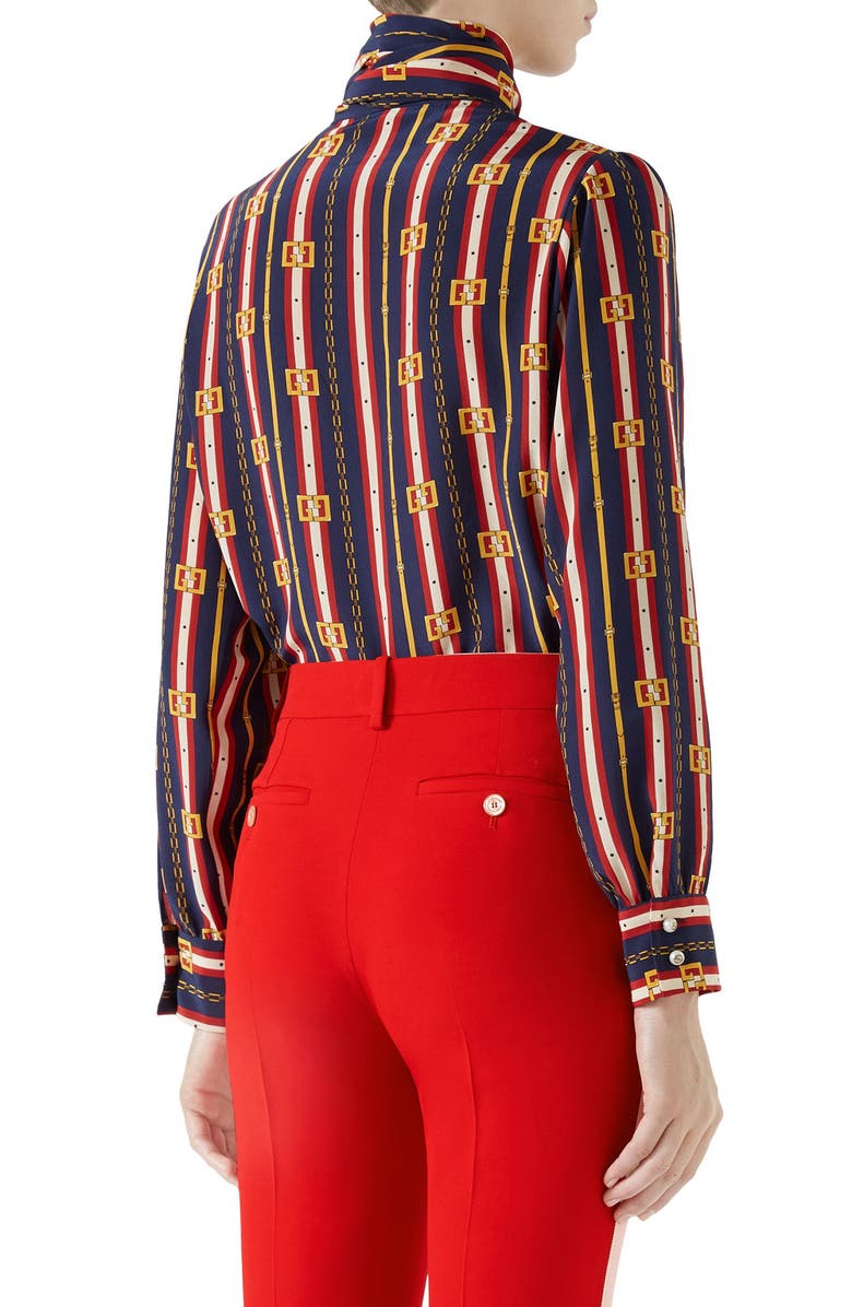 Gucci Chain Belt Print Silk Bow Neck Blouse, Alternate, color,