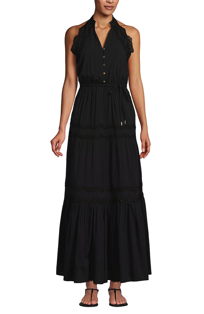 Lands' End Cotton Voile Halter Tiered Maxi Dress, Alternate, color, Black