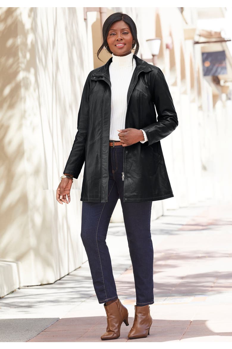 A Line Zip Front Leather Jacket, Alternate, color, BLACK