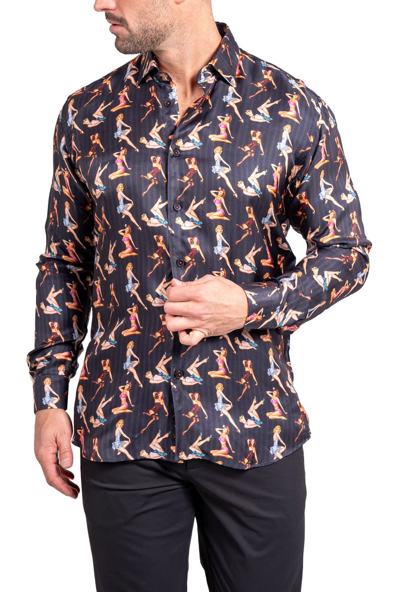 Fibonacci Ascension 0221 Pin-Up Print Contemporary Fit Button-Up Shirt, Alternate, color, BLACK