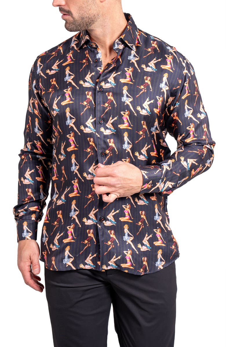 Maceoo Fibonacci Ascension 0221 Pin-Up Print Contemporary Fit Button-Up Shirt, Alternate, color, Black