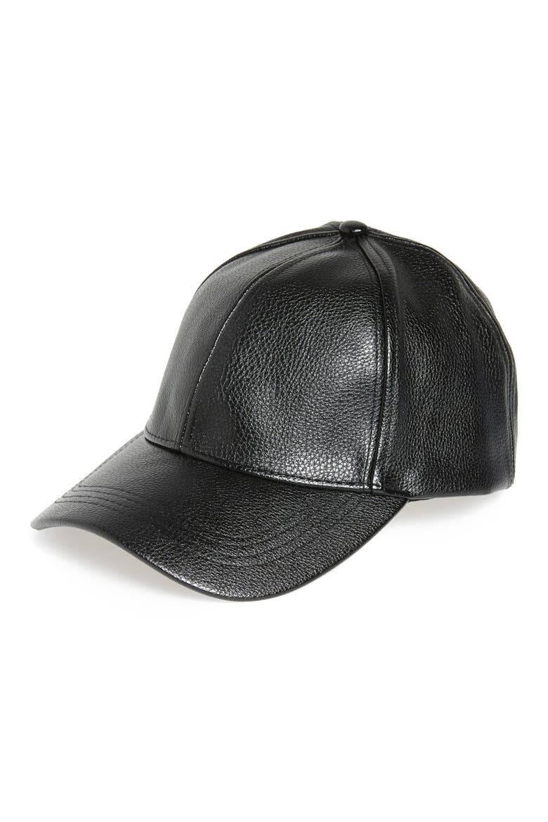Faux Leather Ball Cap, Main, color, BLACK