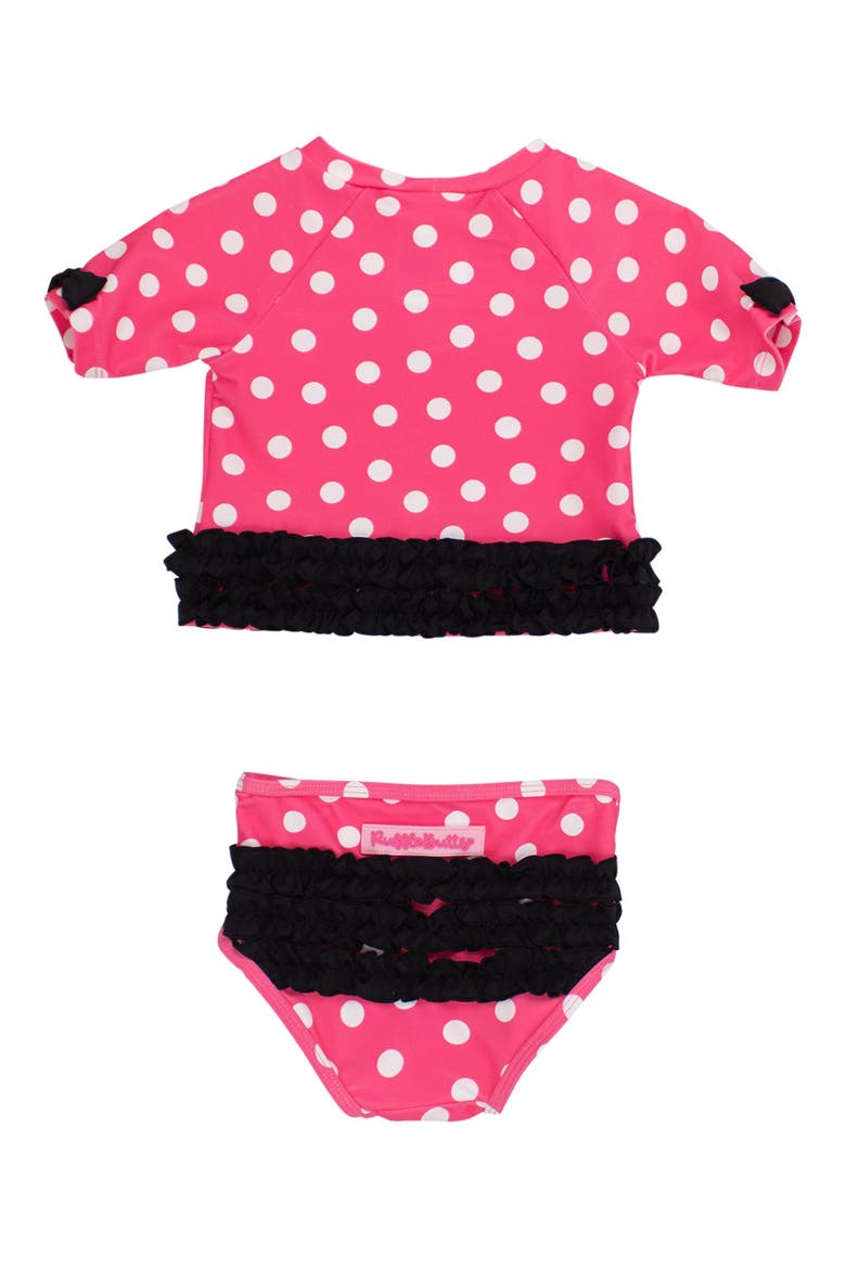 Classic Bow Short Sleeve UPF50 Rash Guard 2-Piece Swimsuit with Signature Rear Ruffles, Alternate, color, Hot Pink Polka Dot