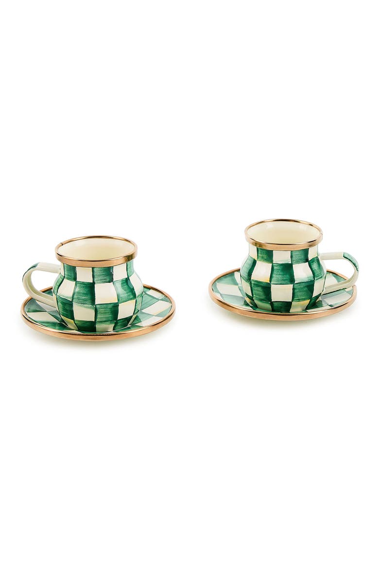 Emerald Check Set of 2 Espresso Cups & Saucers, Main, color, EMERALD