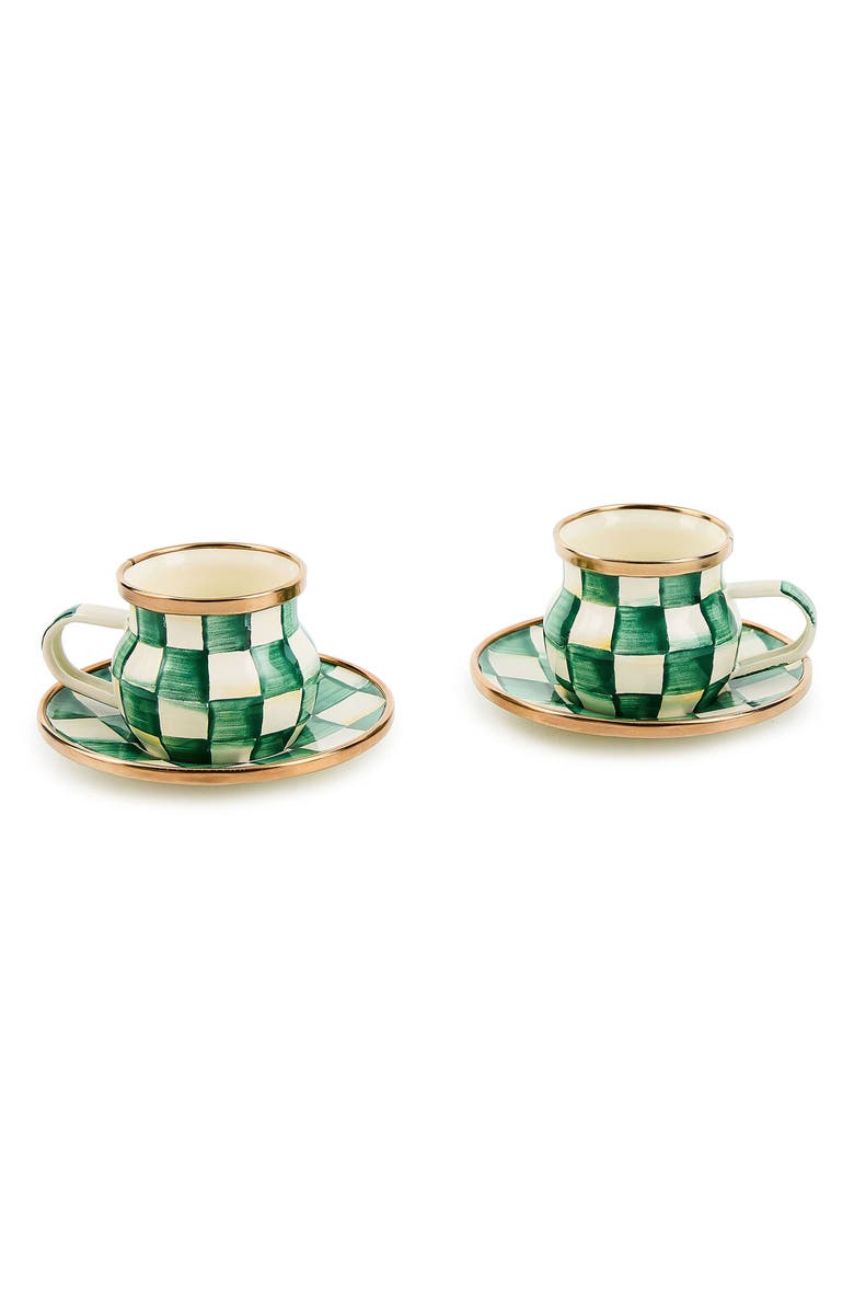 MACKENZIE CHILDS Emerald Check Set of 2 Espresso Cups & Saucers, Main, color, Emerald