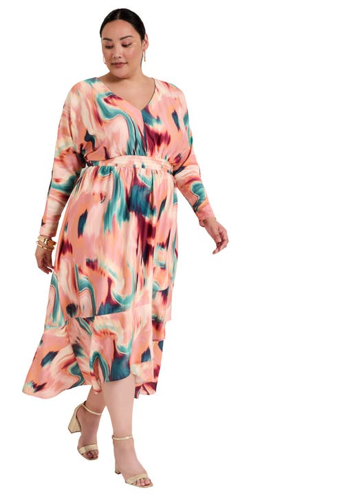 June + Vie Ruffled Dolman Sleeve Maxi Dress In Pink