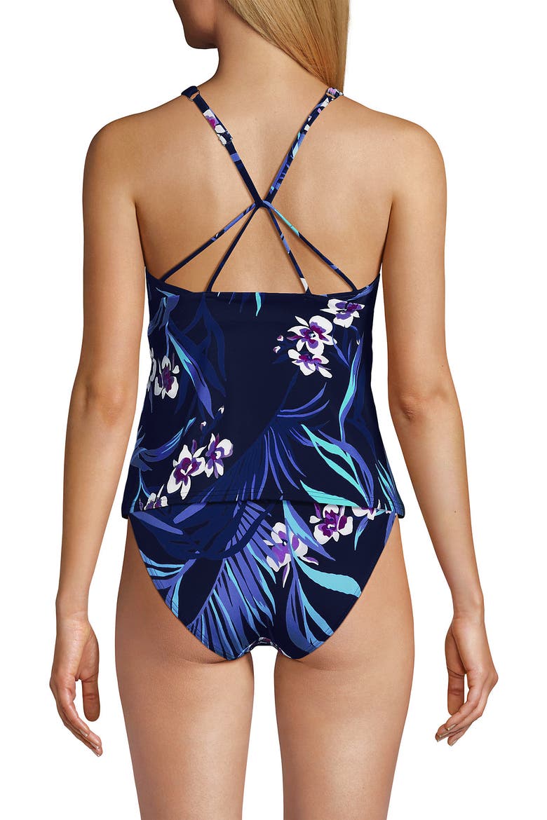 Tugless High Neck Strappy Back Tankini Swimsuit Top, Alternate, color, Deep Sea Navy Tropical Floral