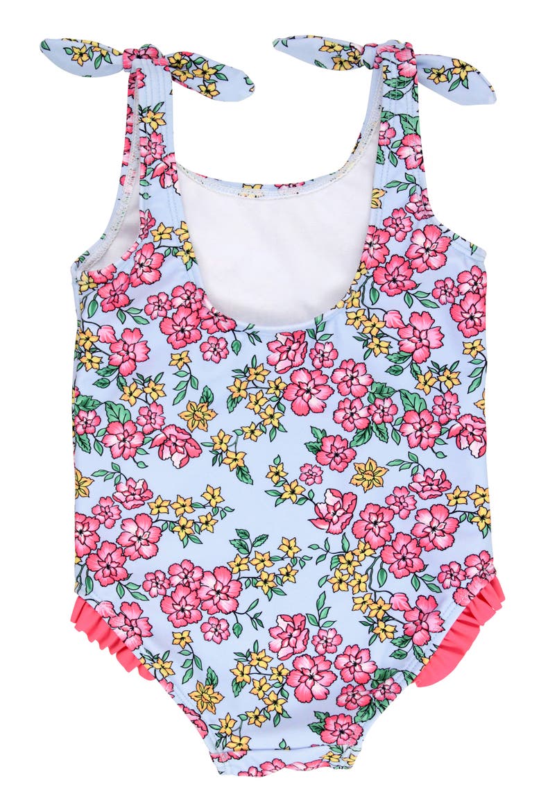 Kids' Cheerful Blossoms Tie Shoulder One-Piece Swimsuit, Alternate, color, BLUE/ PINK MULTI