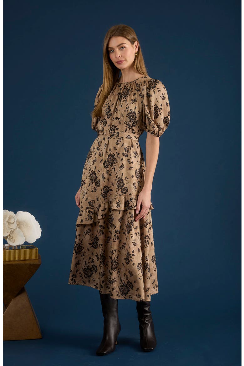 Belted Puff Sleeve Midi Dress, Alternate, color, BROWN