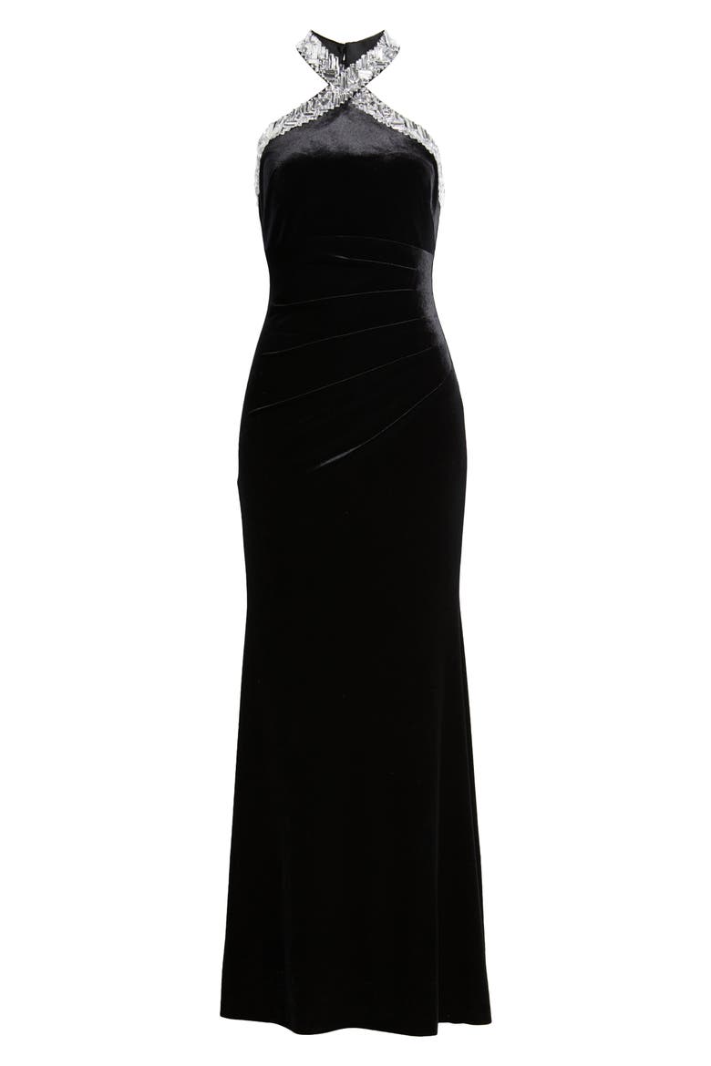 Rhinestone Detail Velvet Sheath Gown, Alternate, color, BLACK