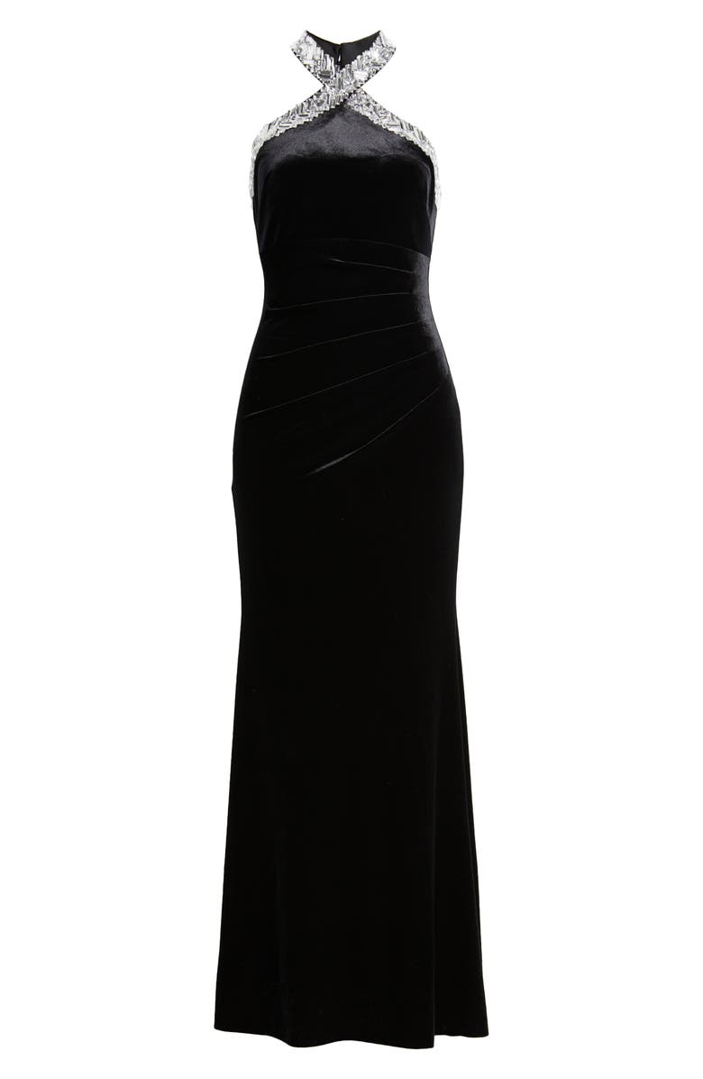 Eliza J Rhinestone Detail Velvet Sheath Gown, Alternate, color, Black