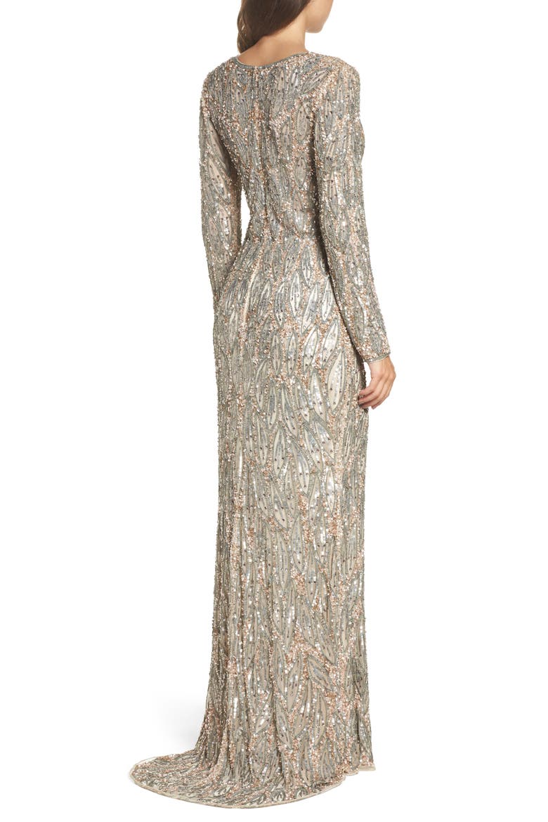 Beaded Long Sleeve Gown, Alternate, color, VINTAGE TAUPE