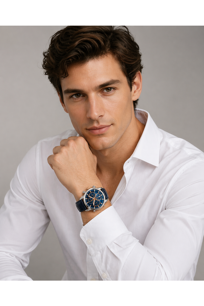 Men's Swiss Chronograph Blue Dial Luminous Leather Watch, Alternate, color, Blue