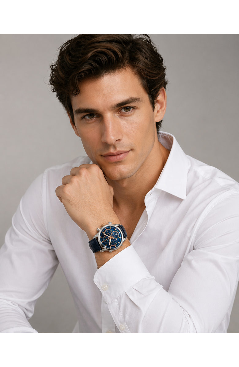 ALLUREZ Men's Swiss Chronograph Blue Dial Luminous Leather Watch, Alternate, color, Blue