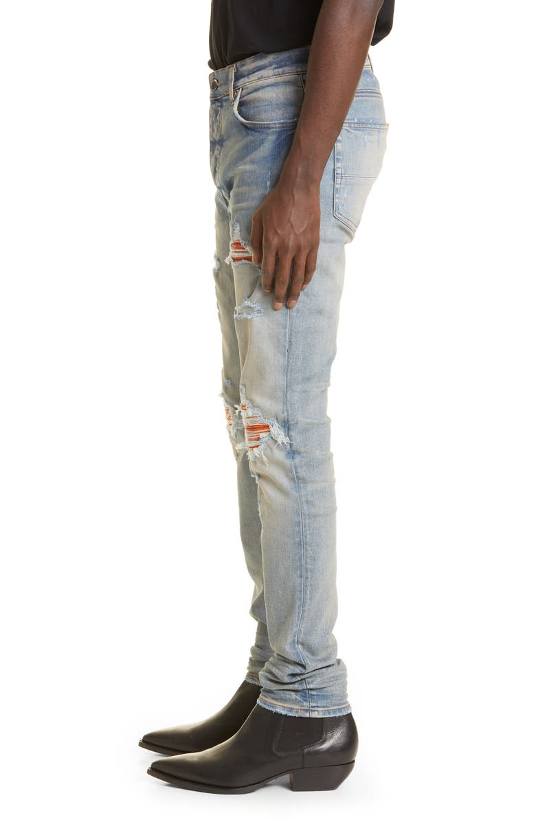 AMIRI MX1 Cracked Paint Leather Patch Ripped Skinny Jeans, Alternate, color, 
