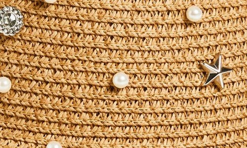 The Accessory Collective Kids' Faux Pearl Embellished Straw Floppy Hat In Brown