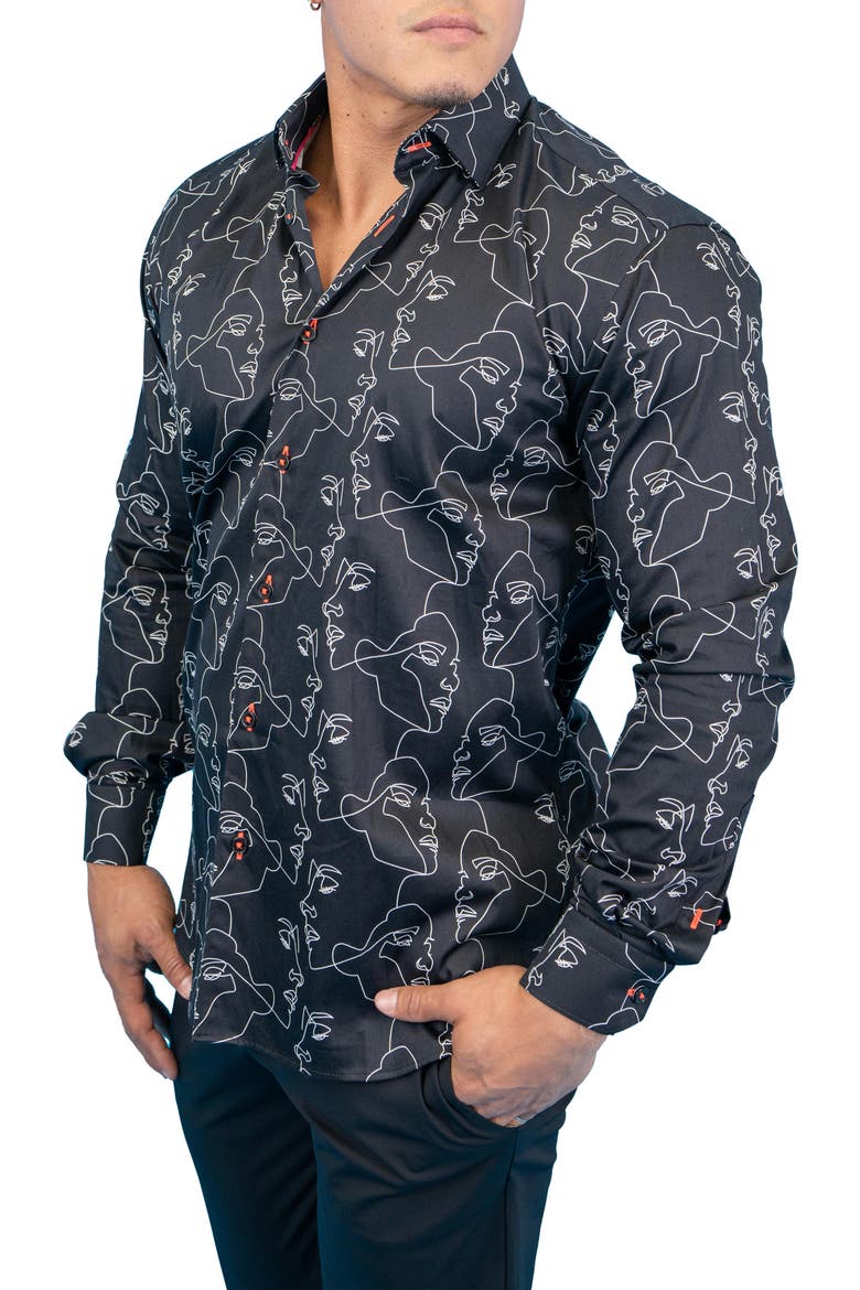 Fibonacci Retro Look Black Contemporary Fit Button-Up Shirt, Alternate, color, BLACK