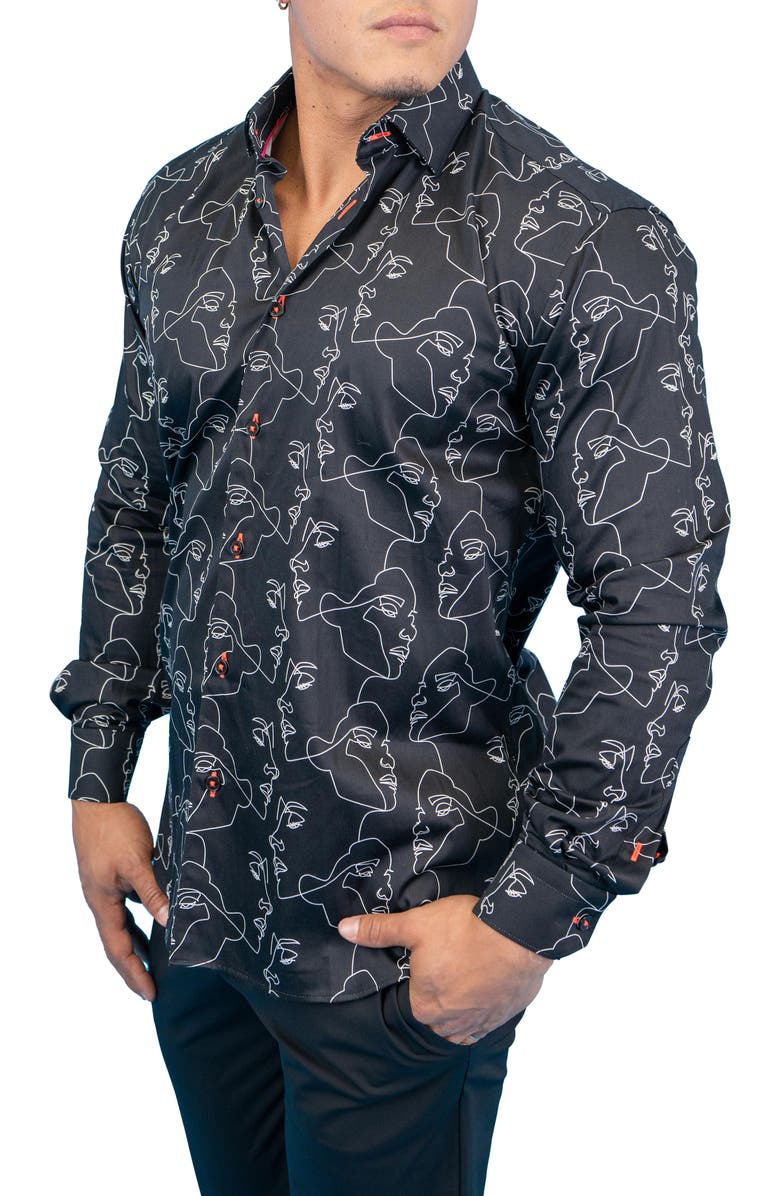 Maceoo Fibonacci Retro Look Black Contemporary Fit Button-Up Shirt, Alternate, color,