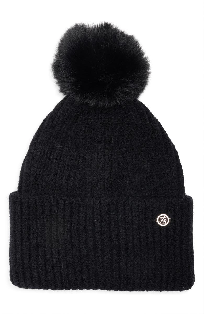 Ted Baker London Faux Fur Pompom Cuffed Beanie, Main, color, Black