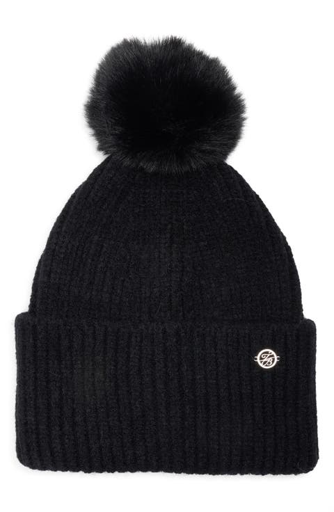 Faux Fur Pompom Cuffed Beanie