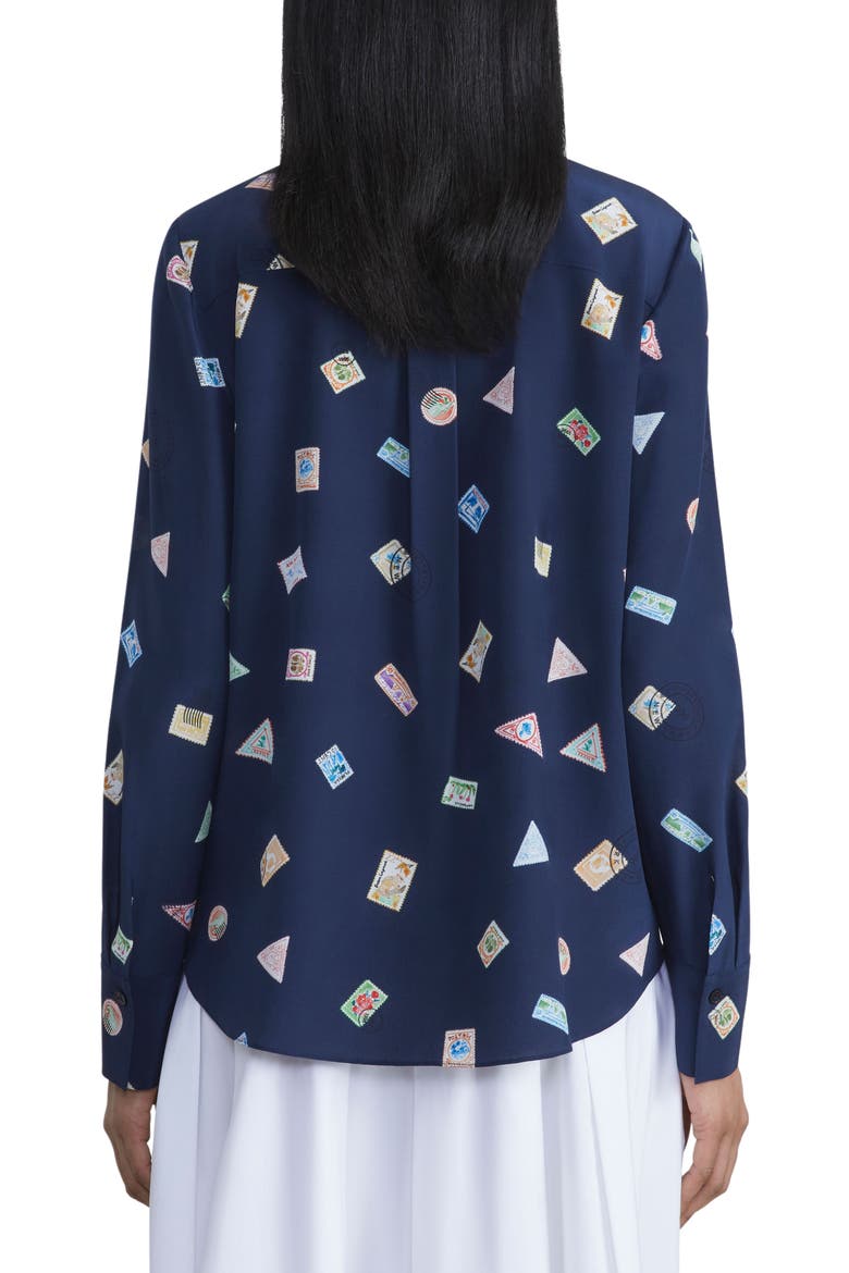 Scottie Postage Stamp Print Silk Button-Up Shirt, Alternate, color, MIDNIGHT BLUE MULTI