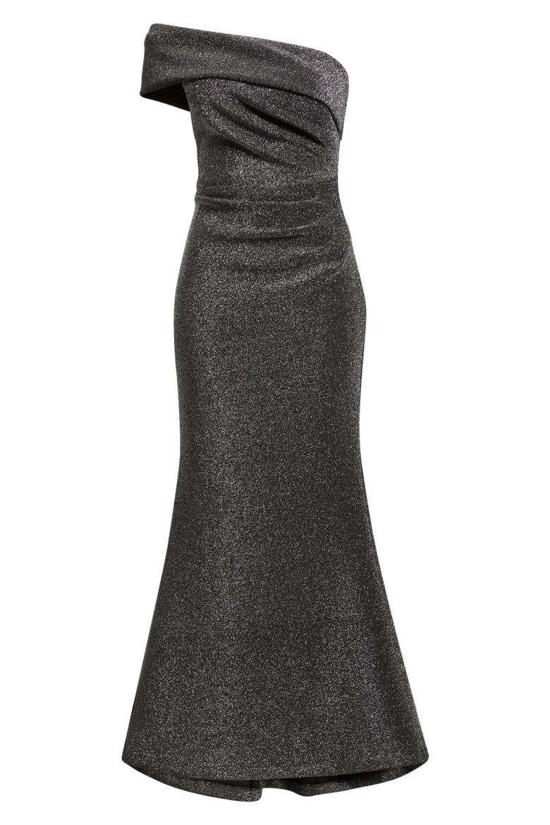 Metallic One-Shoulder Gown, Alternate, color, BLACK SILV