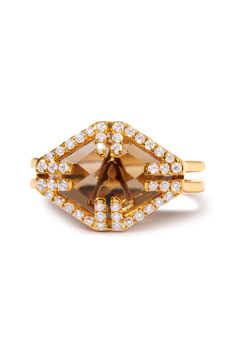 14K Gold Citrine & 1/3 Cttw Diamond Halo Cocktail Ring, Alternate, color, Yellow
