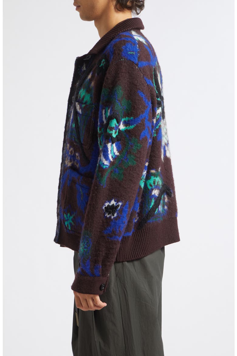 Floral Jacquard Knit Blouson Cardigan Sweater, Alternate, color, BROWN