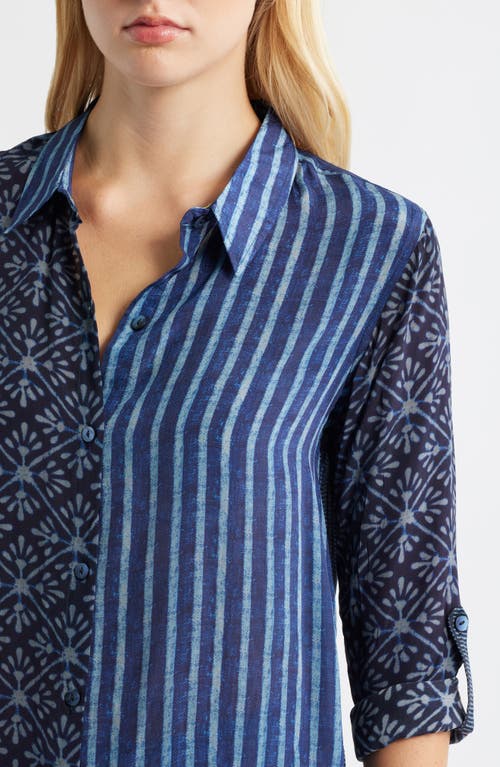 Apny Abstract Print Roll Tab Sleeve Chiffon Button-up Shirt In Blue