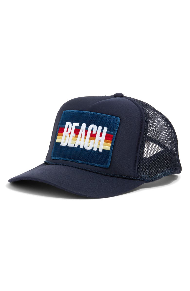 Friday Feelin’ Beach Patch Trucker Hat, Main, color, Navy