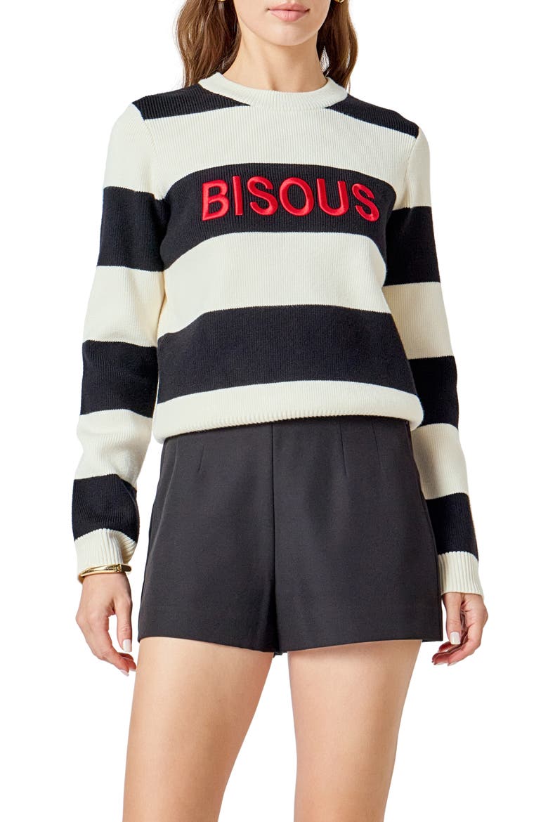Bisous Stripe Sweater, Alternate, color, BLACK/ CREAM