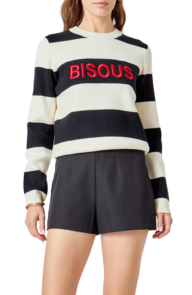 Endless Rose Bisous Stripe Sweater, Alternate, color, Black/ Cream