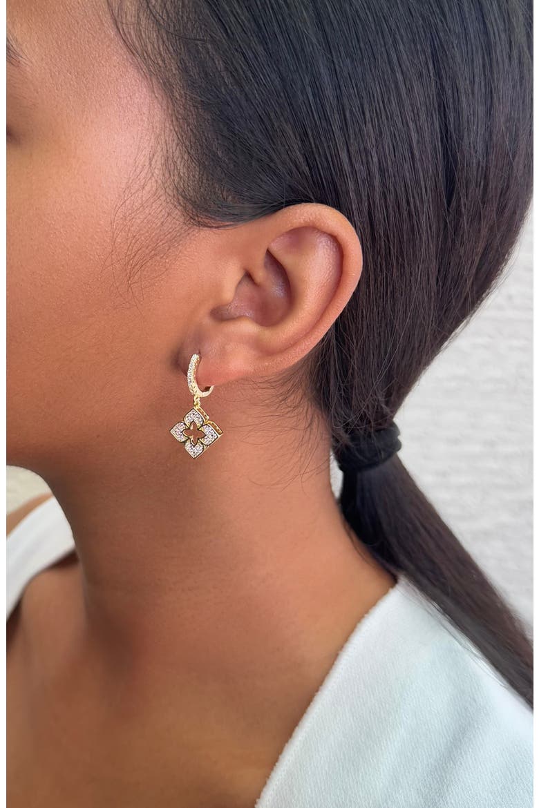 Cubic Zirconia Clover Drop Huggie Hoop Earrings, Alternate, color, GOLD