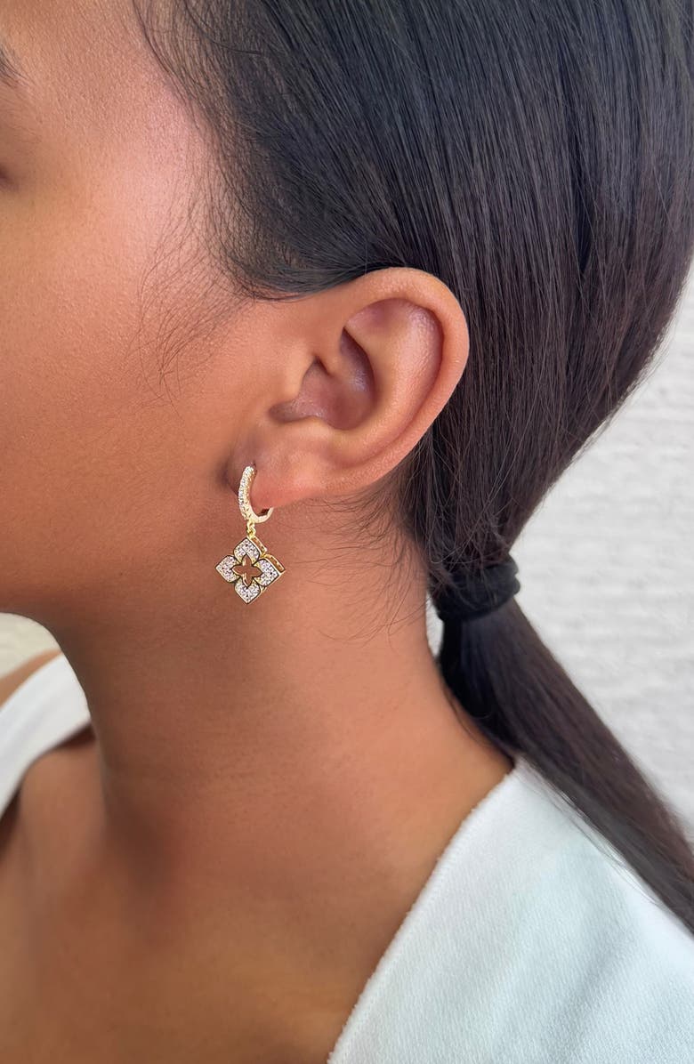 Adornia Cubic Zirconia Clover Drop Huggie Hoop Earrings, Alternate, color, Gold