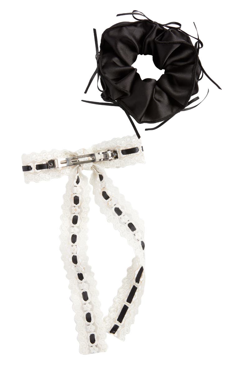 Lace Bow Barrette & Scrunchie Set, Alternate, color, IVORY- BLACK