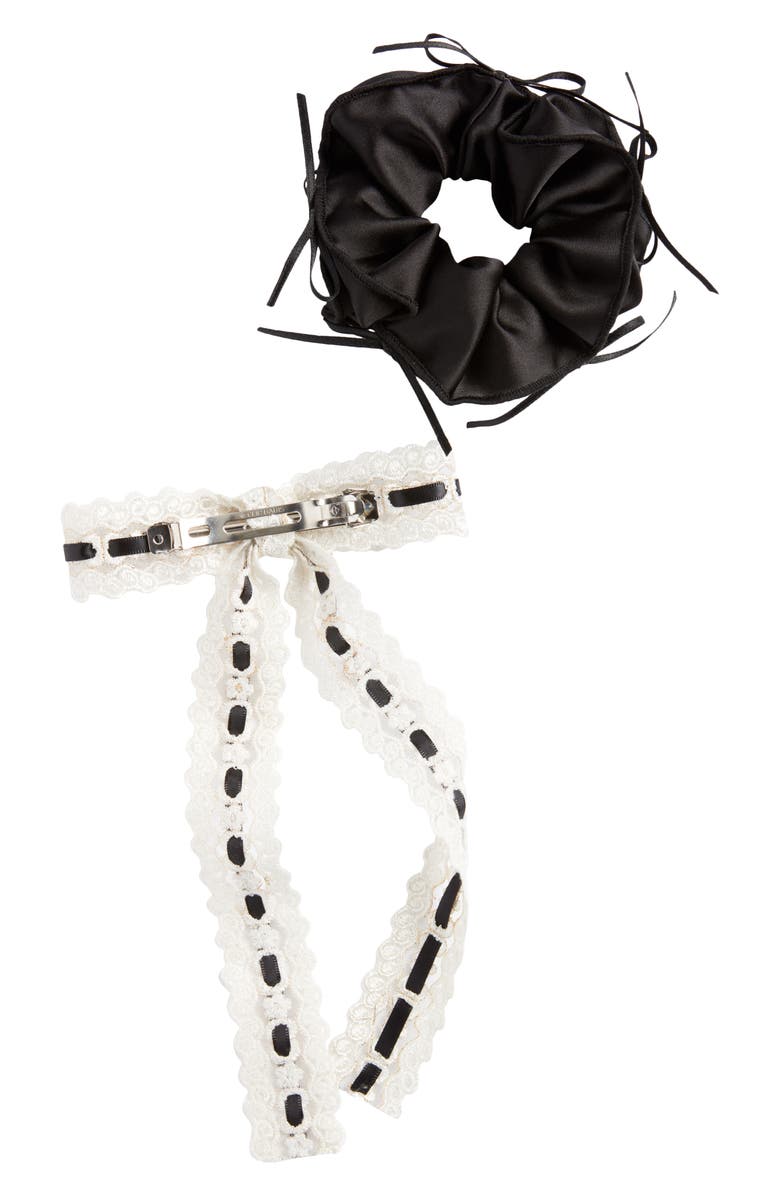 BP. Lace Bow Barrette & Scrunchie Set, Alternate, color, Ivory- Black