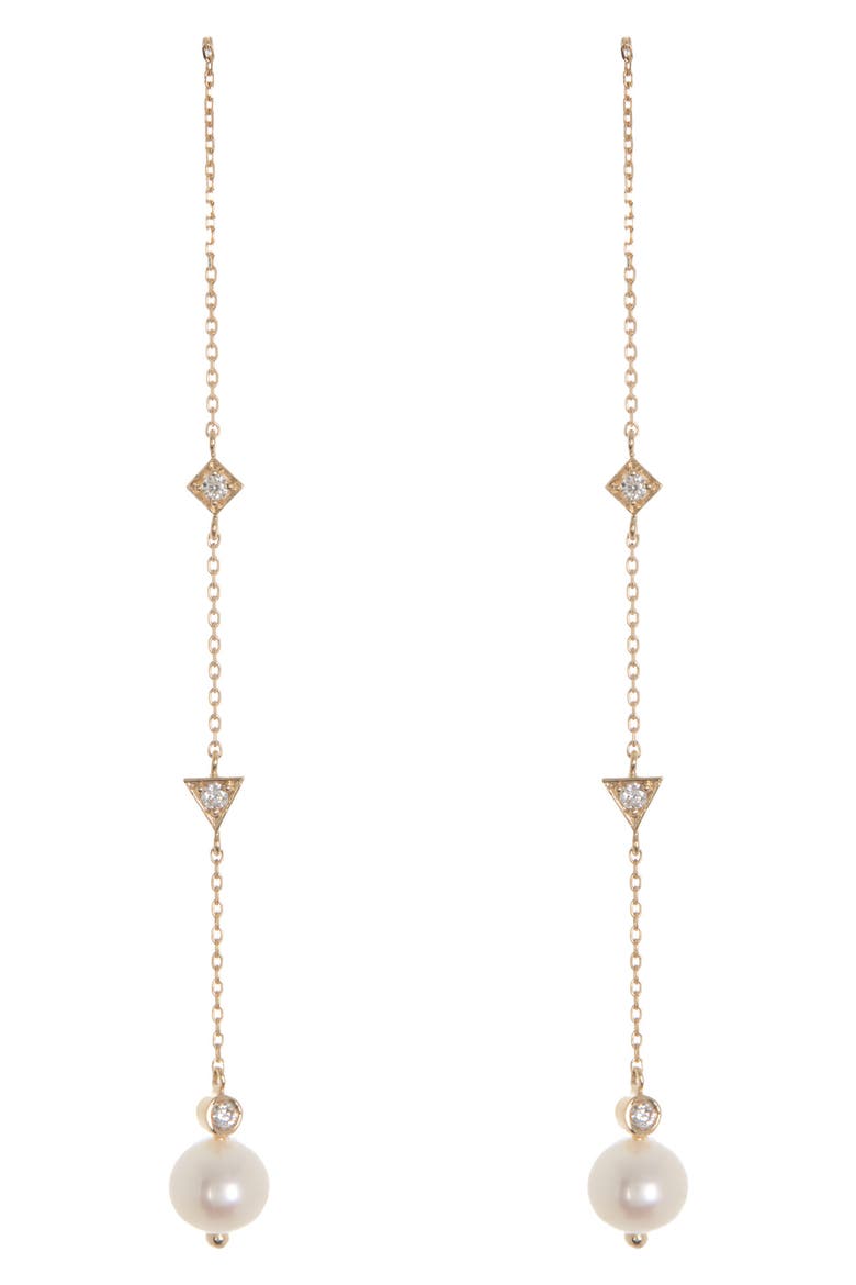 Cleo 14K Gold Diamond & 6mm Pearl Linear Chain Drop Threader Earrings - 0.18 ctw, Main, color, PEARL AND DIAMOND