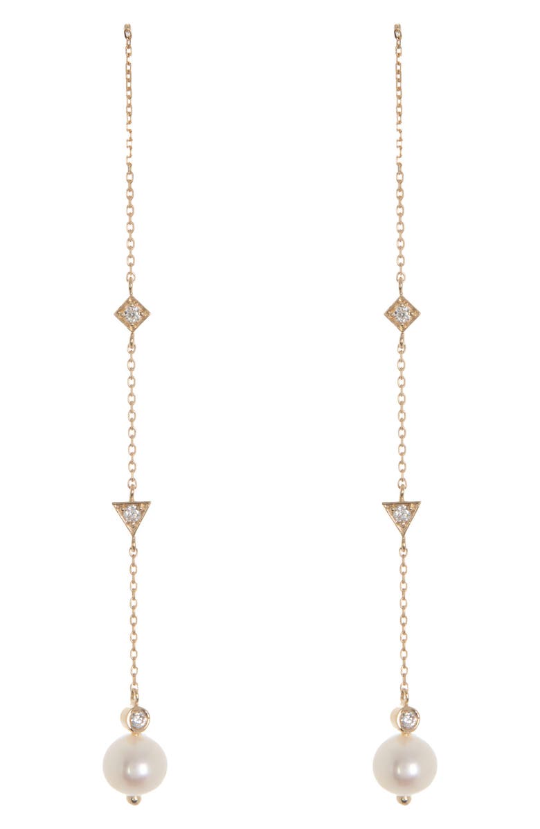 Anzie Cleo 14K Gold Diamond & 6mm Pearl Linear Chain Drop Threader Earrings - 0.18 ctw, Main, color,