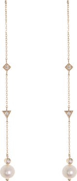 Anzie Cleo 14K Gold Diamond & 6mm Pearl Linear Chain Drop Threader Earrings - 0.18 ctw