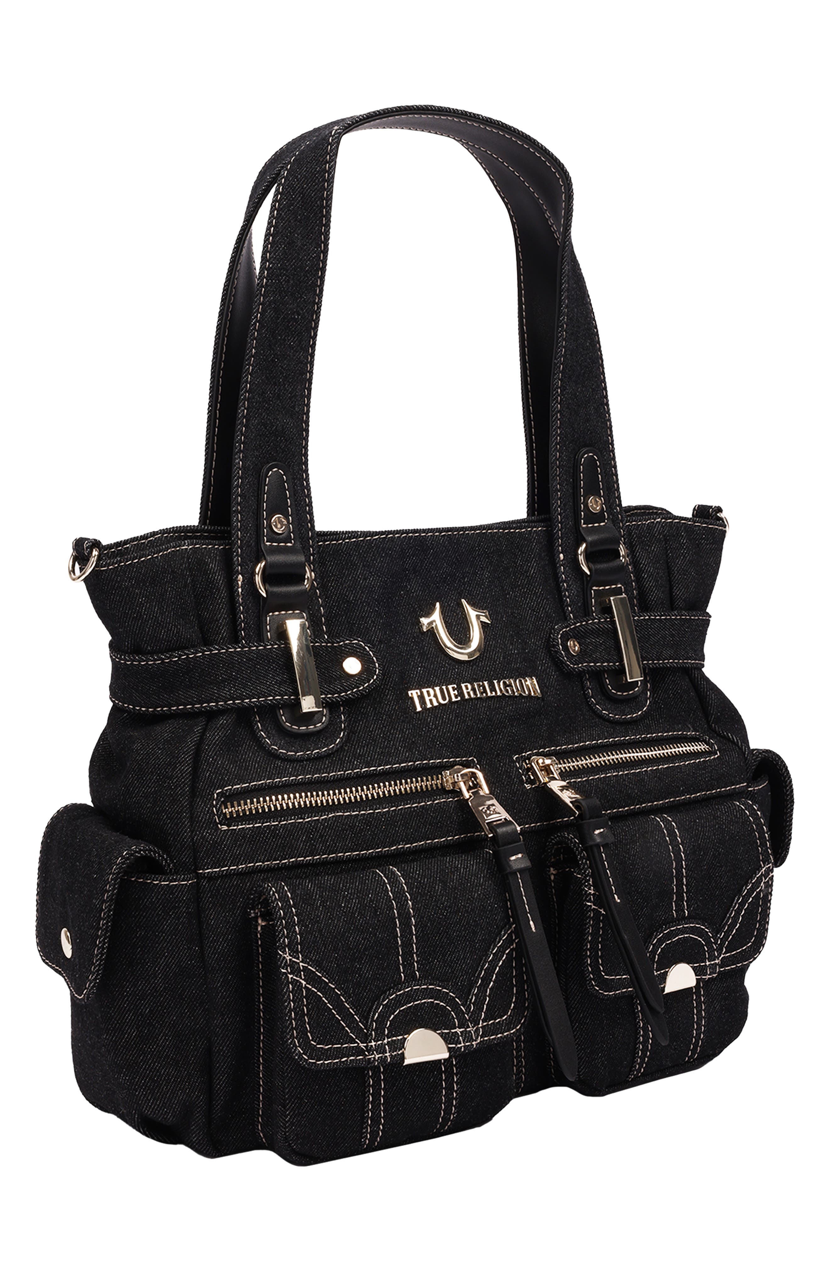 Multi-Pocketed Denim Tote, Alternate, color, BLACK