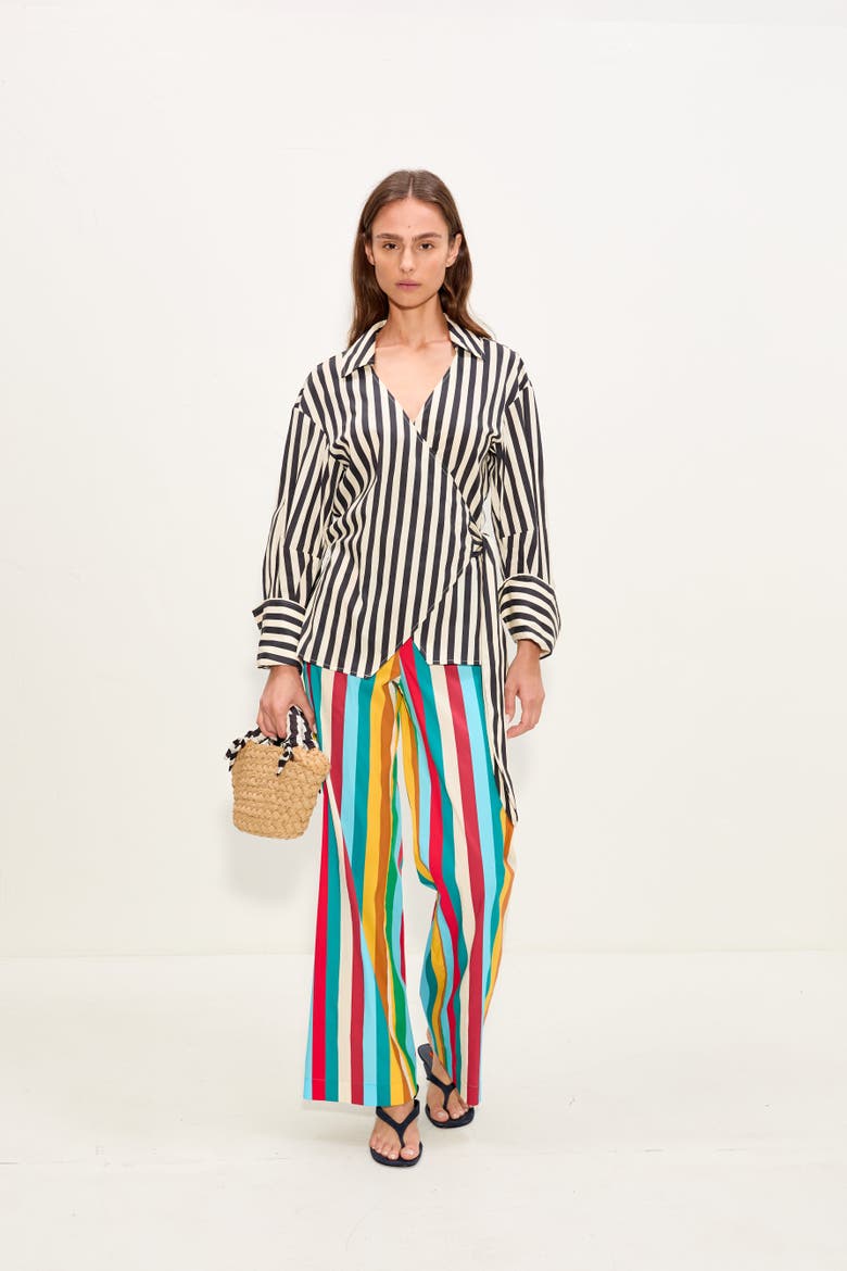 Anya Poplin Wrap Top, Alternate, color, Black/White Stripe