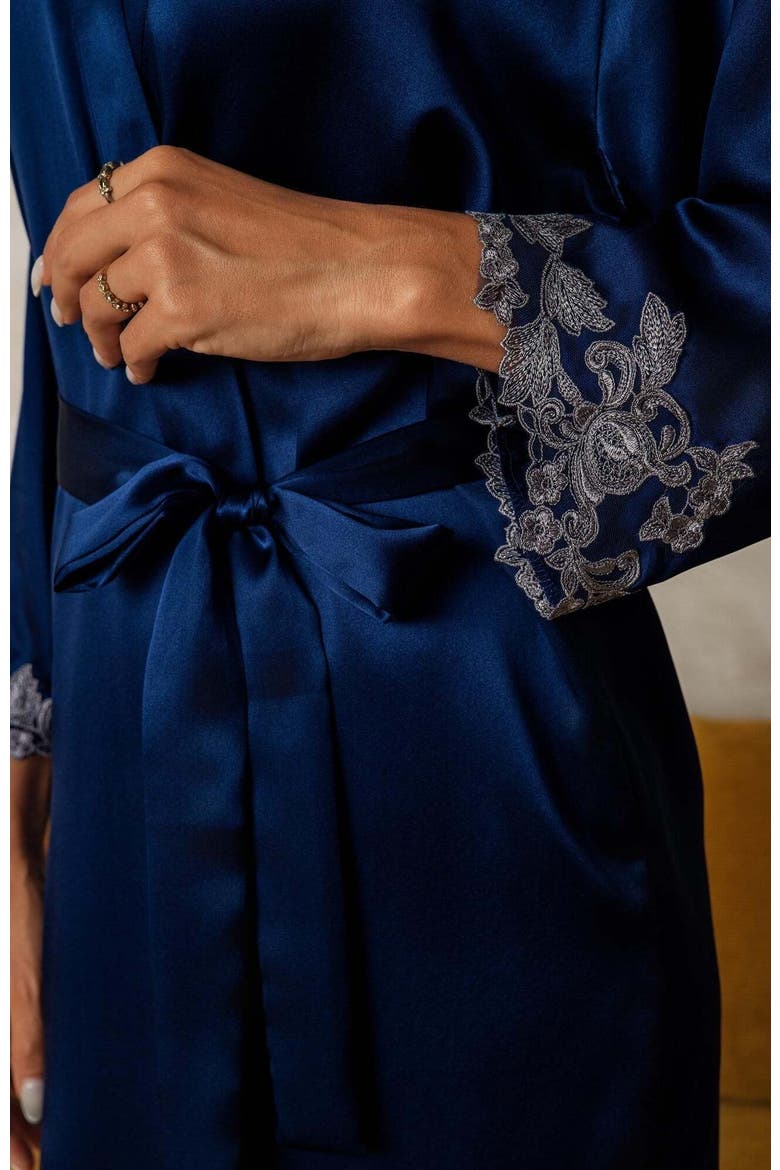 Pure Silk 3/4 Sleeves Belted Short Robe With Lace Design, Alternate, color, Dark Blue