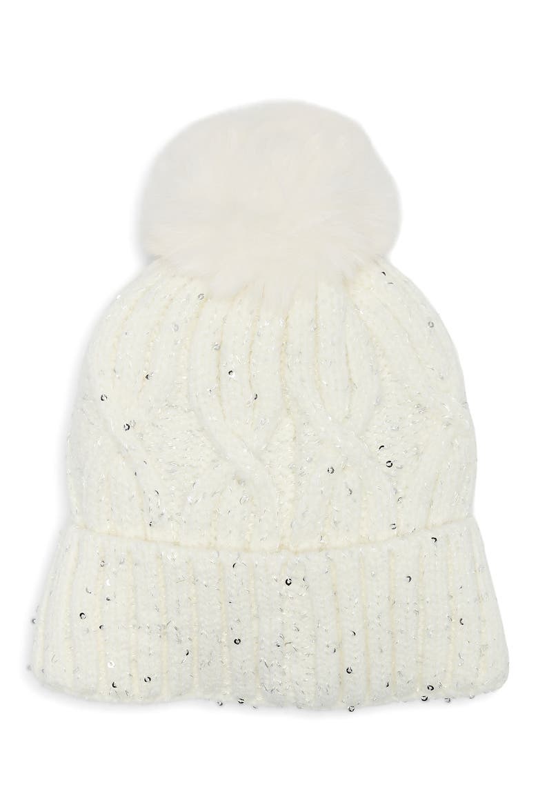 Sequin Cable Knit Pom Beanie, Alternate, color, WHITE