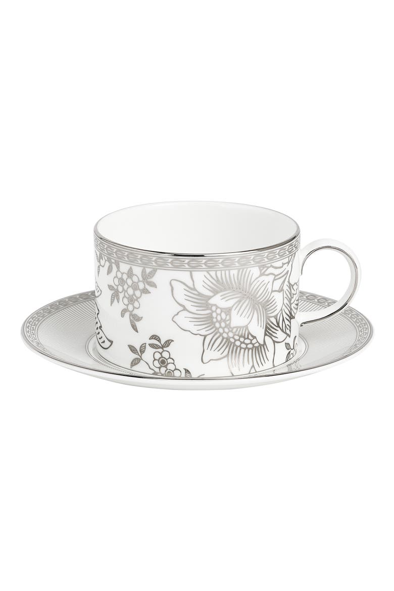 Silver Tonquin Bone China Teacup & Saucer Set, Main, color, SILVER