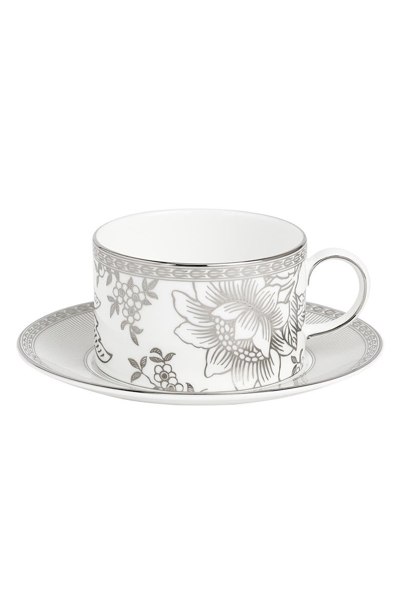 Wedgwood Silver Tonquin Bone China Teacup & Saucer Set, Main, color, Silver