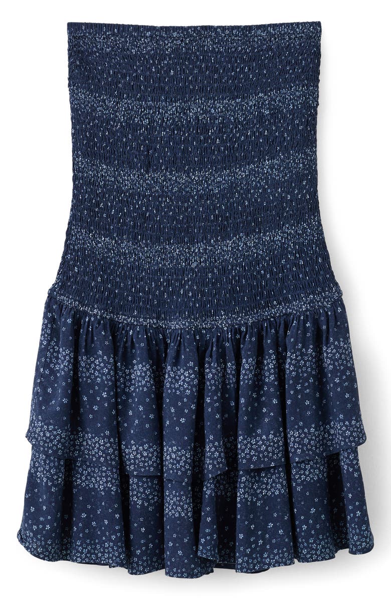 MANGO TEEN Print Smocked Strapless Tiered Minidress, Alternate, color, Navy