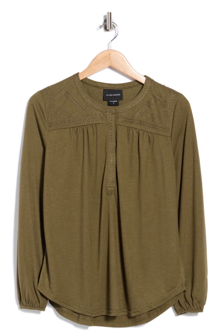 Embroidered Button Front Top, Main, color, OLIVE