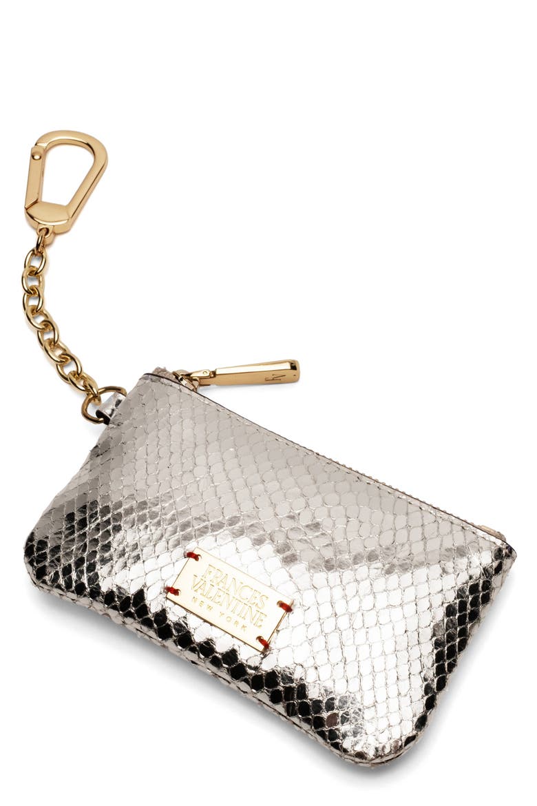 Bitsy Snakeskin Embossed Metallic Leather Key Chain Card Holder, Main, color, SILVER
