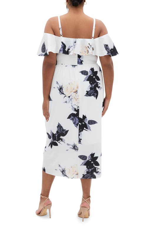 City Chic Floral Drape Cold Shoulder Midi Dress In White