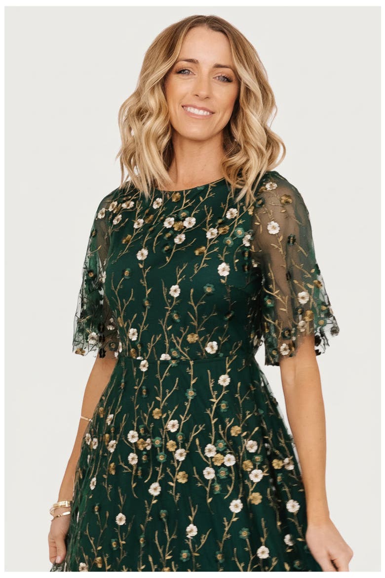 Arabella Embroidered Tulle Maxi Dress, Alternate, color, Dark Green Floral